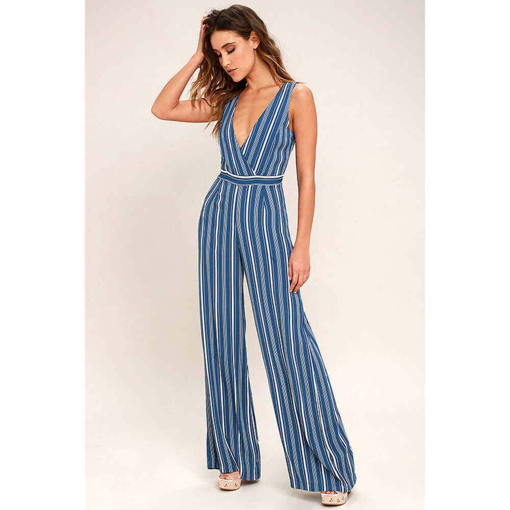 NWT Lulus Montauk Yacht Club Blue And White Striped Jumpsuit - Size Small